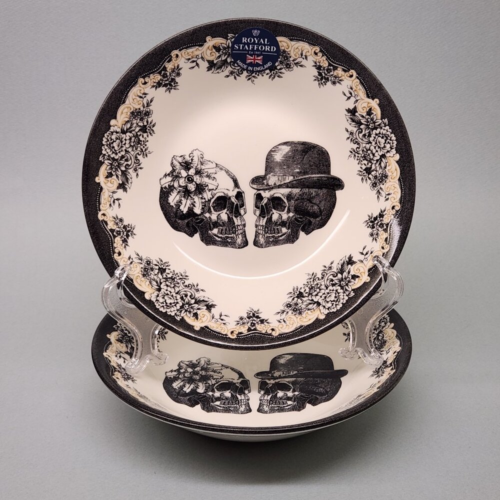 Set of 2  Cereal Bowls - Royal Stafford Skulls & Roses Halloween China Dishes